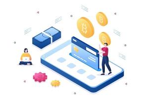 cryptocurrency plånboksapp på mobil av blockchain-teknik, bitcoin, penningmarknad, altcoins eller finansväxling med kreditkort i platt vektorillustration vektor