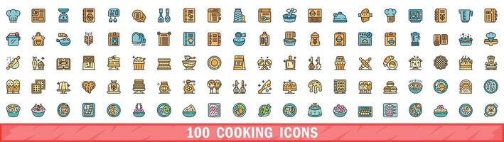 100 matlagning ikoner uppsättning, Färg linje stil vektor
