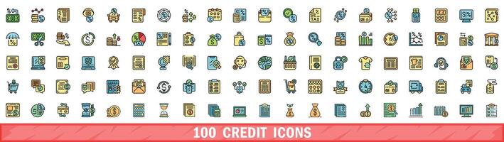 100 kreditera ikoner uppsättning, Färg linje stil vektor