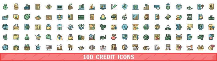 100 kreditera ikoner uppsättning, Färg linje stil vektor