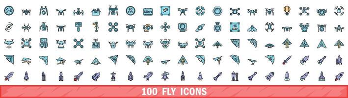 100 flyga ikoner uppsättning, Färg linje stil vektor