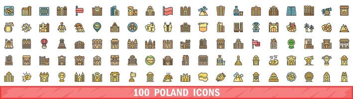 100 polen ikoner uppsättning, Färg linje stil vektor