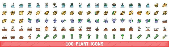 100 växt ikoner uppsättning, Färg linje stil vektor
