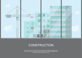 Baustellenarbeitsprozess im Bau mit Kränen und Maschinen in hoher Gebäudeansicht vektor