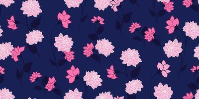 kreativ grenar med ditsy blommor, knoppar och löv sömlös mönster. vektor hand dragen skiss. söt abstrakt rosa blommig utskrift på en mörk blå bakgrund. mall för mönster, tyg, textil-