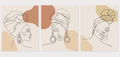 einstellen von Linie Kunst Porträt afrikanisch amerikanisch Frauen. Porträt von ein Frau. - - Vektor Illustration