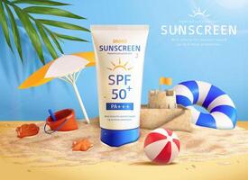 3d sommar Solskydd grädde annons. illustration av solkräm produkt placerad på en tropisk strand med sand leksaker runt om vektor