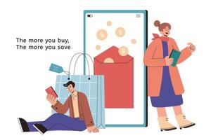 Kasse zurück Einkaufen beim online Shops im eben Illustration. ein Mann und Frau Einkaufen online auf Websites betonen Einkaufen zu verdienen Belohnung auf Einkäufe vektor