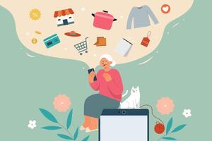 eben Illustration von Alten Frau Sitzung auf ein Handy, Mobiltelefon Telefon Einkauf Zuhause Produkte von online Geschäft vektor