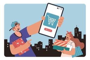 städtisch Paar Einkaufen online im eben Stil Illustration. Junge zeigen wo seine Kauf ist von auf seine Telefon Bildschirm, und Mädchen beiseite ihm halten ein Hand voll von Geschenke und Taschen auf Stadtbild Hintergrund vektor