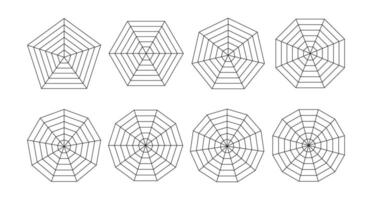 einstellen von schwarz Polar- Netz. Spinne Radar Diagramm Diagramm. Pentagon, Viereck, Hexagon, Achteck. Vektor Illustration.