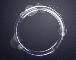 Silber Magie Ring mit glühend. Neon- realistisch Energie Fackel Heiligenschein Ring. abstrakt Licht bewirken auf ein dunkel Hintergrund. Vektor Illustration.