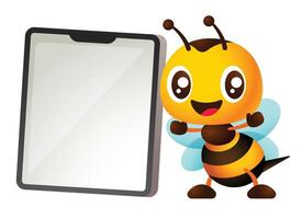 Karikatur süß glücklich Honig Biene Stand neben ein leeren Tablette Schild. Vektor Charakter Illustration