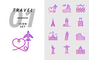 Pack ikon för resor, Flygplan, landskap, skog, Paris torn, fyr, vagn väska, Taj Mahal, Pisa torn, Colosseum, Staty of United States, Deja Neiro, kapitalanvändning.