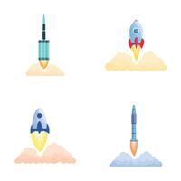 raket lansera ikoner uppsättning tecknad serie vektor. rymdskepp lansera och brand flamma vektor