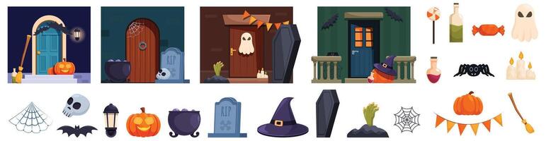 Halloween Veranda Symbole einstellen Karikatur Vektor. herzlich willkommen Dekoration vektor