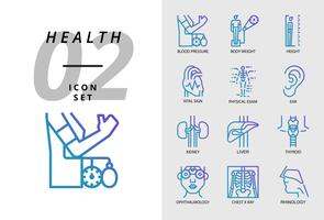 Icon Pack für Gesundheit, Krankenhaus, Blutdruck, Körpergewicht, Körpergröße, Vitalzeichen, körperliche Untersuchung, Ohr, Niere, Leber, Schilddrüse, Augenarzt, Röntgen, Rhinologie. vektor