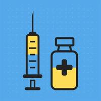 Impfstoffsymbol im Umrissstil zeichnen. Konturspritzenschild mit Nadel und Medikamenten. vektor