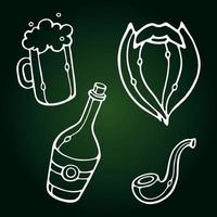 Vector Illustration Umriss Bierkrug, Bart, Alkoholflasche, Pfeife isoliert auf grünem Hintergrund. Doodle-Stil für st. Patrick Day-Design