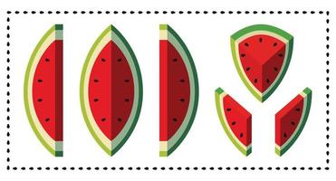 Wassermelonenscheiben-Vektor-Illustration. Saftige Wassermelonenstücke mit Samen in isometrischer Form. farbiges isoliertes Sommerschlussverkaufssymbol. geeignet für Menüdesign, gesunde Lebensmittelbanner, Aufkleber vektor