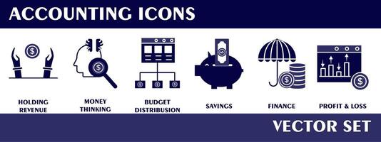 bokföring ikoner. som innehåller innehav inkomst, pengar tänkande, budget distribution, besparingar, finansiera, vinst och förlust, vektor uppsättning samling.
