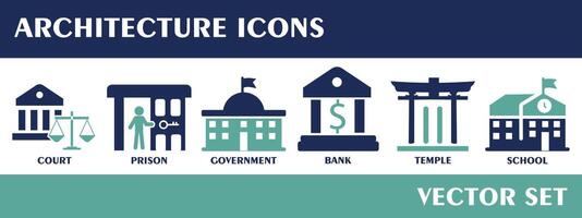 arkitektur ikoner. som innehåller domstol, fängelse, regering, Bank, tempel, skola. fast ikon samling. vektor uppsättning.