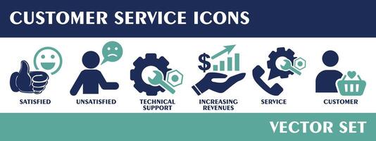 kund service ikoner. som innehåller nöjd, otillfredsställd, ökande intäkter, teknisk Stöd, service, kund, fast ikon samling. vektor uppsättning.