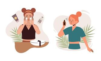 kvinnor njut av hud vård rutin- på Hem illustration vektor