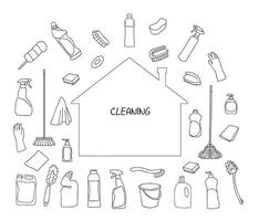 uppsättning av rengöring Utrustning. rengöring linje ikoner. linje av ritad för hand Utrustning, rengöring leveranser och verktyg för tvättning och desinficerande de hus, hink och mopp, rengöringsmedel spruta. vektor