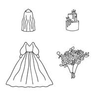 Hochzeit einstellen von Gekritzel Blumen, Kuchen, Hochzeit Kleid und Schleier. Vektor Illustration