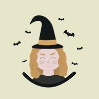 rothaariges Mädchen im Halloween Hexenkostüm mit Fledermäusen vektor