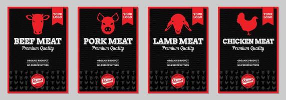 Rindfleisch, Schweinefleisch, Lamm und Hähnchen Fleisch Verpackung beschriftet Design vektor