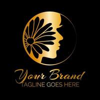 guld skönhet salong logotyp med kvinna ansikte och blomma vektor