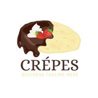 Crepes oder Pfannkuchen Logo mit Schokolade, Sahne und Erdbeere vektor