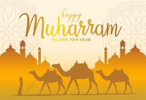 vektor kameler förare moslem silhuett moské fira Lycklig Muharram guld orange arab öken- Sol bakgrund prydnad lyx