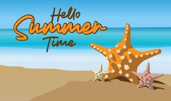 vektor familj sjöstjärnor stående tillsammans på de strand sand säga Hej sommar tid i ljus blå himmel