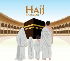 Vektor Familie Vater Mutter Sohn und Tochter beten hajj mit ihrom Kleider im Mekka hajj Mubarak Position zurück von Körper gegenüber Vorderseite von Kaaba masjidil haram Baitullah