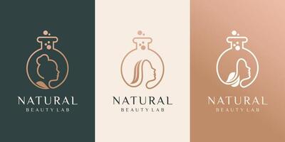 uppsättning av illustration skönhet kvinnor eller flicka silhuett med glas labb tecken logotyp design mall vektor