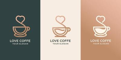 einstellen von Tasse von Kaffee mit Herz geformt Rauch, drucken zum Kleidung, T-Shirt, Emblem oder Logo Design, Vektor Illustration. kontinuierlich Linie Zeichnung.