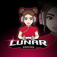 lunar gamer flicka esport logotyp mall, söt orientalisk karaktär i traditionell kinesisk röd klänning spelar video spel maskot logotyp vektor