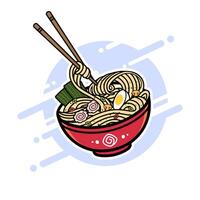 Ramen Nudel Schüssel Karikatur Vektor Illustration mit Pilz Scheiben, Ei und Seetang. traditionell japanisch Küche Gericht