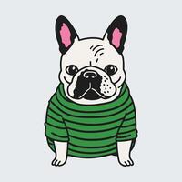 Karikatur Französisch Bulldogge tragen gestreift Grün Shirt. süß Sitzung Hund isoliert auf Weiß Hintergrund. Vektor Illustration