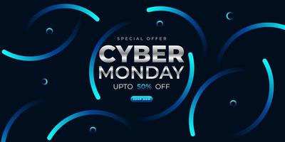 Cyber Monday Sale Banner Template Design mit blauem Lichteffekt auf dunklem Hintergrund für Werbeplakate oder Geschäftsförderung vektor