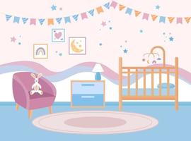 Innenraum des Babyzimmers. Kinderzimmer. leeres babybett mit karussell für kind. Dekorationen an der Wand und Kaninchenspielzeug. flache Vektorgrafik vektor