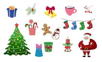 Weihnachtselemente eingestellt. Feiertagsdekorationen, Baum und Weihnachtsmann lokalisiert auf weißem Hintergrund. Vektor flache Sammlung