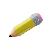 Vektor kurz Gelb 3d Karikatur Bleistift mit Gummi Symbol. volumetrisch hölzern Objekt zum Schreiben und Zeichnung. eingebettet Rosa Radiergummi zum Löschen Fehler. Schreibwaren Werkzeug mit geschärft führen zum kreativ Kunst