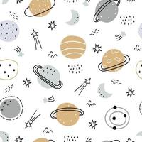 Raum und Sterne nahtlose Muster für Kinder. handgezeichneter Sternenhintergrund im Cartoon-Stil für Drucke, Tapeten, Dekorationen, Textilien. Vektor-Illustration. vektor