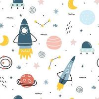 Raumhintergrundillustration mit Sternen und Raketen nahtloses Vektormuster handgezeichnet im Cartoon-Stil für Druck, Tapete, Dekoration, Stoff, Textil. vektor