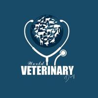 Welt Veterinär Tag. Haustier Silhouette und Stethoskop auf Erde Globus Hintergrund. Welt Veterinär Tag Banner, Poster, Sozial Medien Post, Netz Design Hintergrund Vorlage Vektor Lager