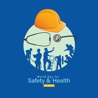 värld dag för säkerhet och hälsa på arbete. konstruktion hjälm jord och stetoskop för säker och friska arbete dag, arbete säkerhet medvetenhet mall för baner, kort, bakgrund, säkerhet och hälsa tecken vektor